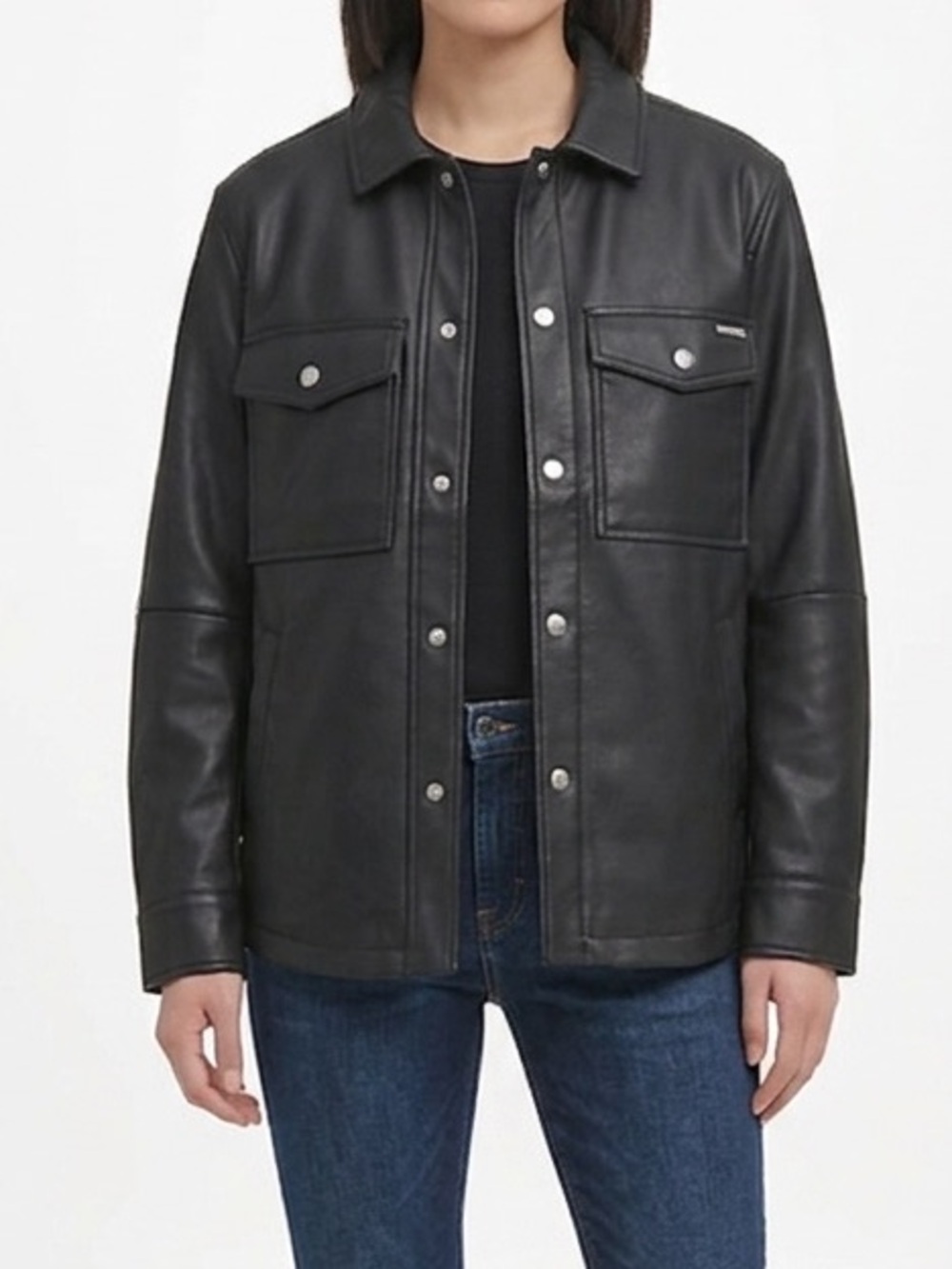 Calvin Klein Womens Black Leather Jacket with Silver Accents
